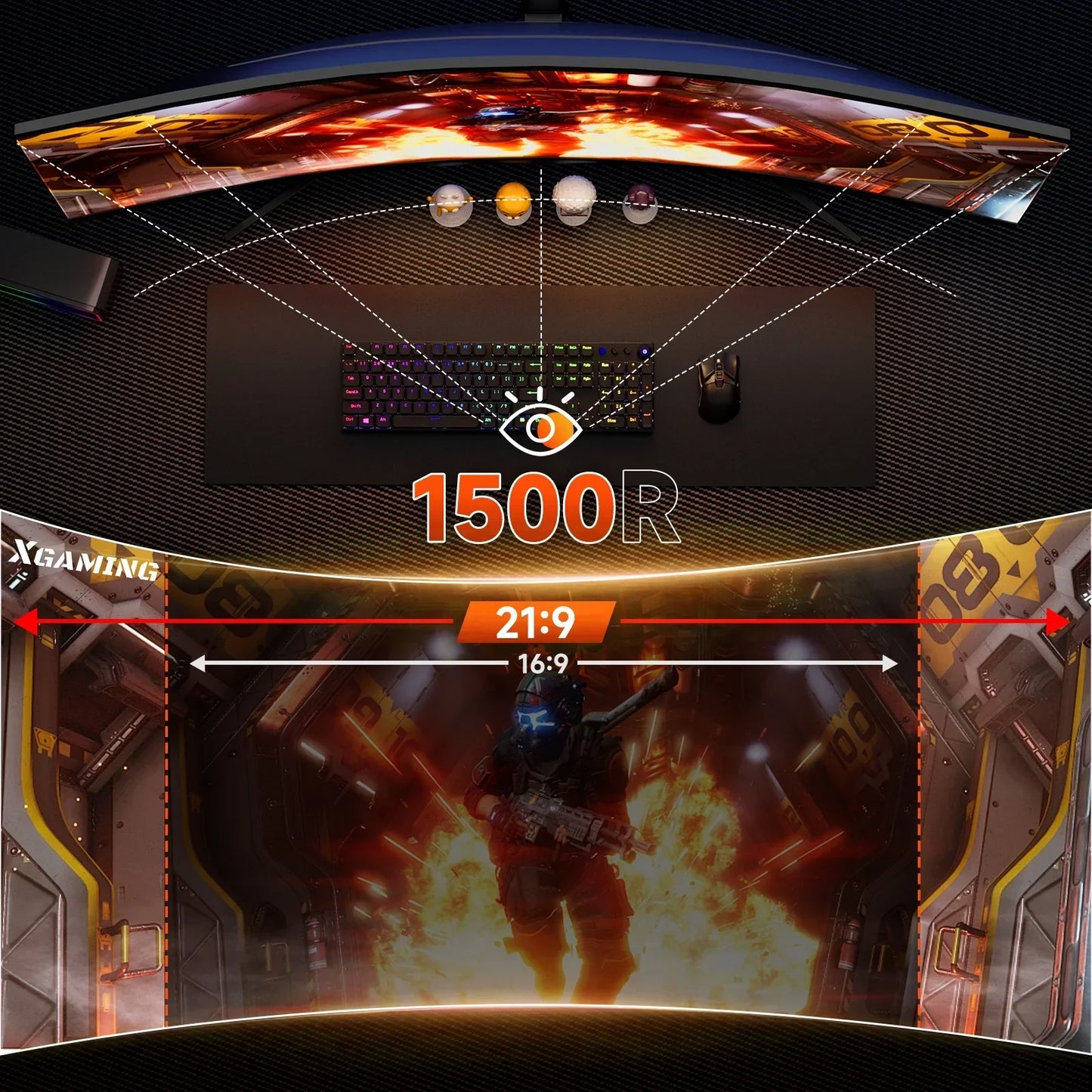 Curved ultrawide gaming monitor with 1500R curvature and 21:9 aspect ratio showcasing first-person shooter game