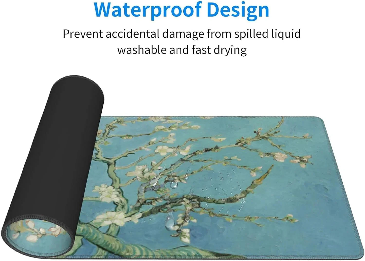Rolled gaming mouse pad with waterproof design featuring almond blossom art and visible water droplets on surface