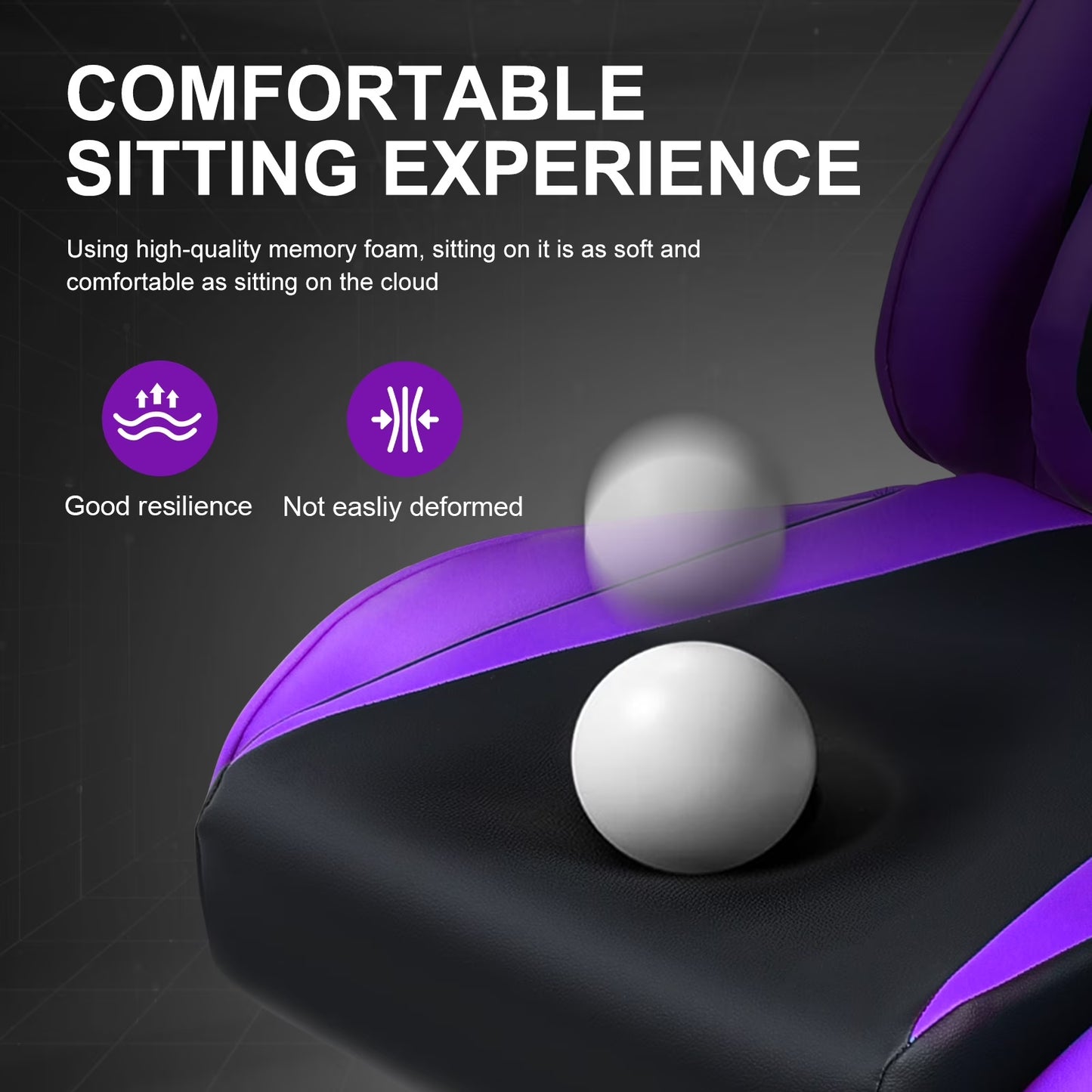 Purple and black gaming chair with memory foam seat, showing comfort and resilience for long gaming sessions