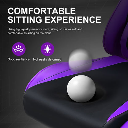 Purple and black gaming chair with memory foam seat, showing comfort and resilience for long gaming sessions