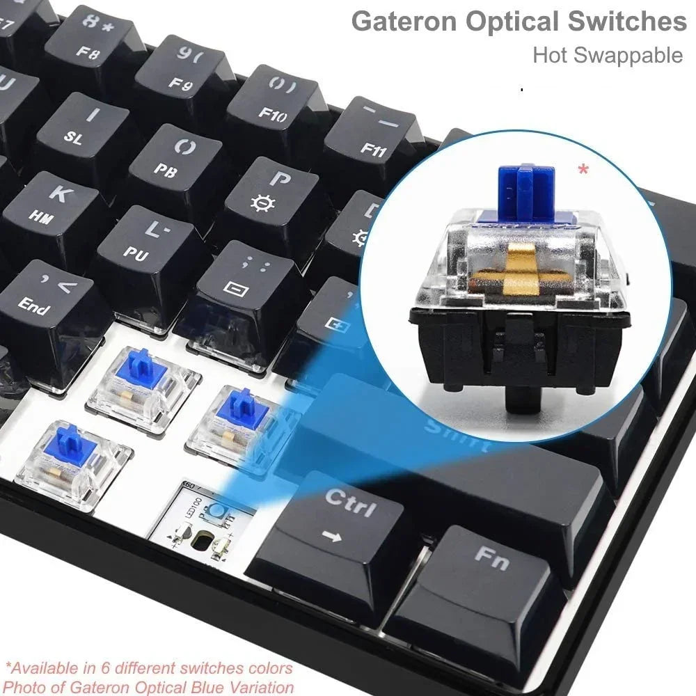 Mechanical keyboard with hot swappable Gateron Optical Blue switches, close-up view
