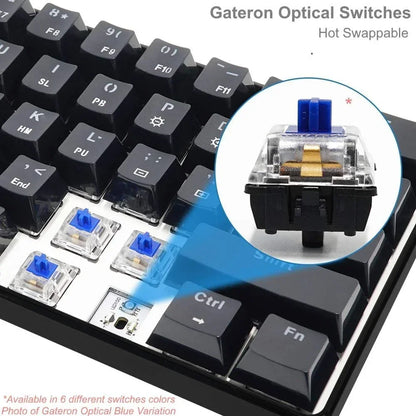 Mechanical keyboard with hot swappable Gateron Optical Blue switches, close-up view