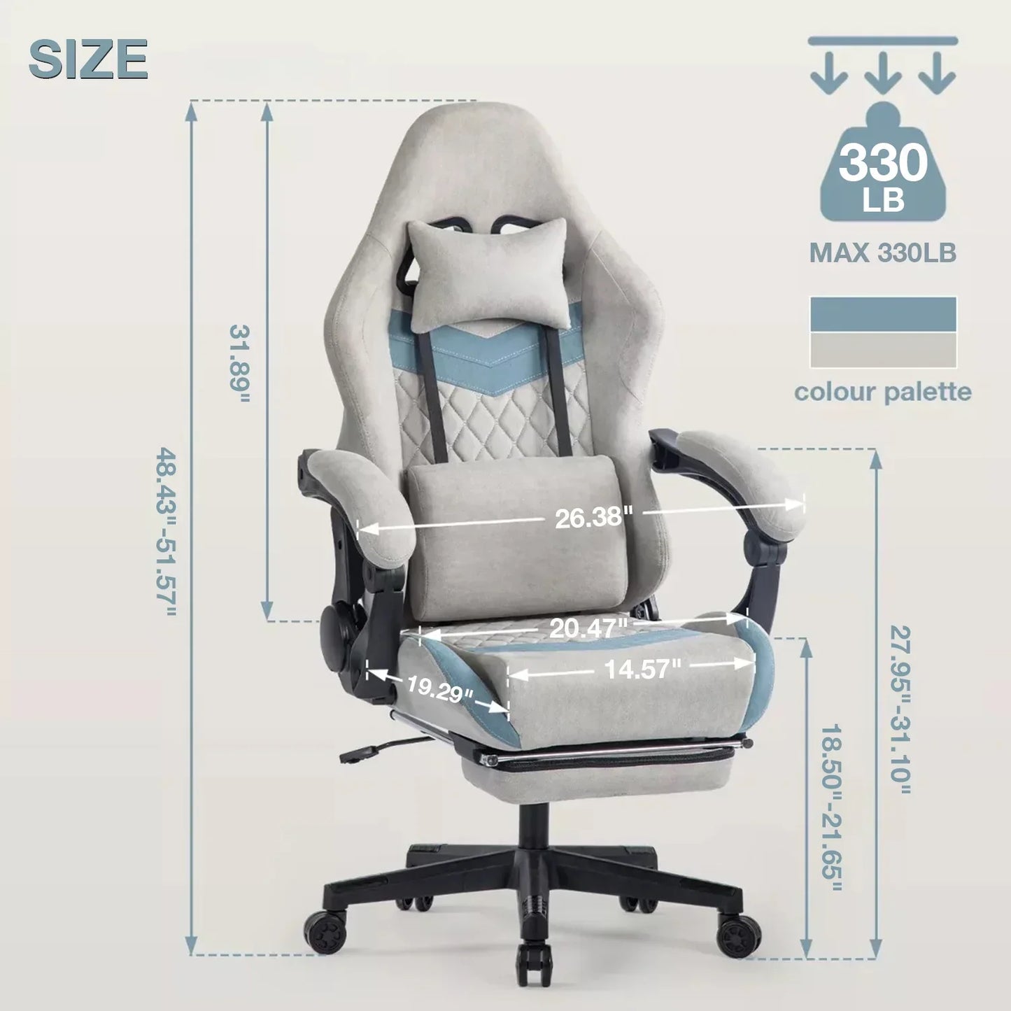 Gray and blue ergonomic gaming office chair with adjustable dimensions and 330 lb max weight capacity