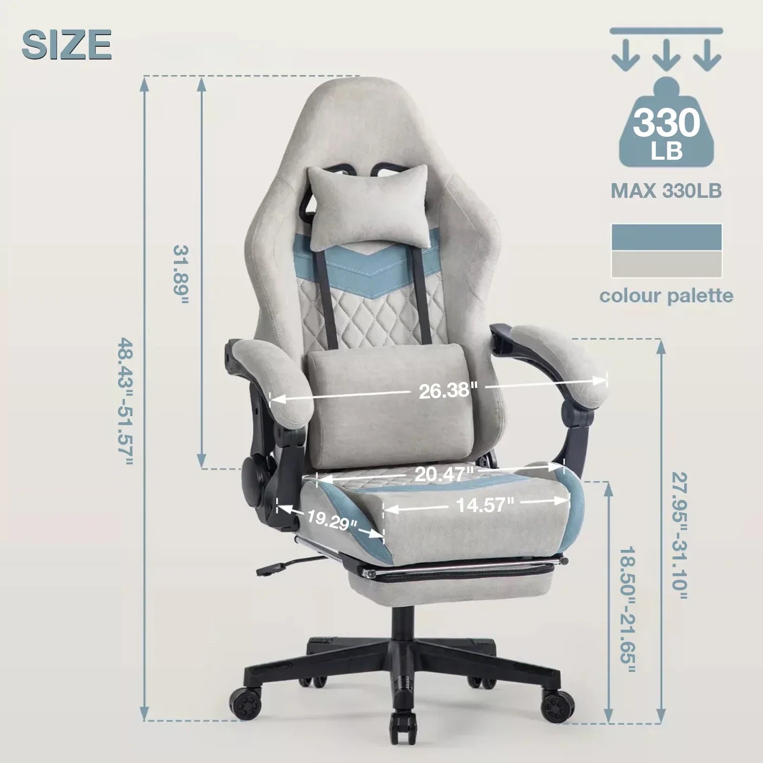 Gray and blue ergonomic gaming office chair with adjustable dimensions and 330 lb max weight capacity