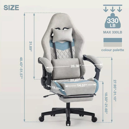 Gray and blue ergonomic gaming office chair with adjustable dimensions and 330 lb max weight capacity