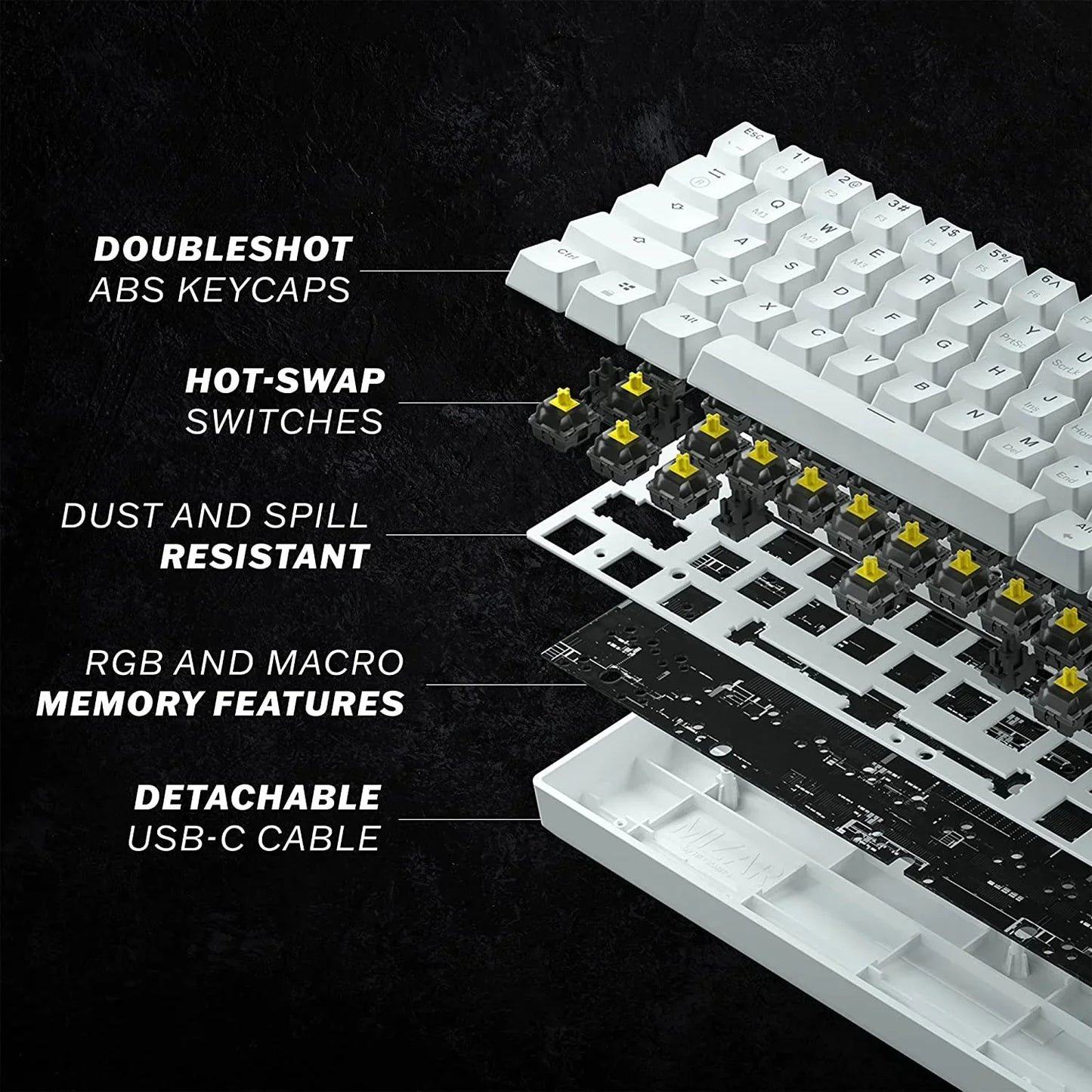 Exploded view of white mechanical keyboard highlighting doubleshot ABS keycaps, hot-swap switches, dust and spill resistance, RGB macro memory, and detachable USB-C cable