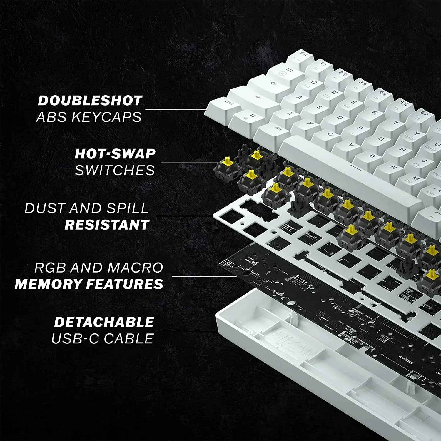 Exploded view of white mechanical keyboard highlighting doubleshot ABS keycaps, hot-swap switches, dust and spill resistance, RGB macro memory, and detachable USB-C cable