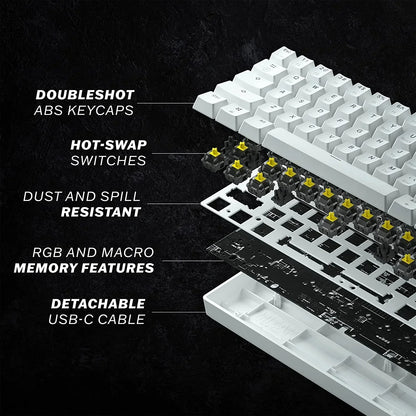 Exploded view of white mechanical keyboard highlighting doubleshot ABS keycaps, hot-swap switches, dust and spill resistance, RGB macro memory, and detachable USB-C cable