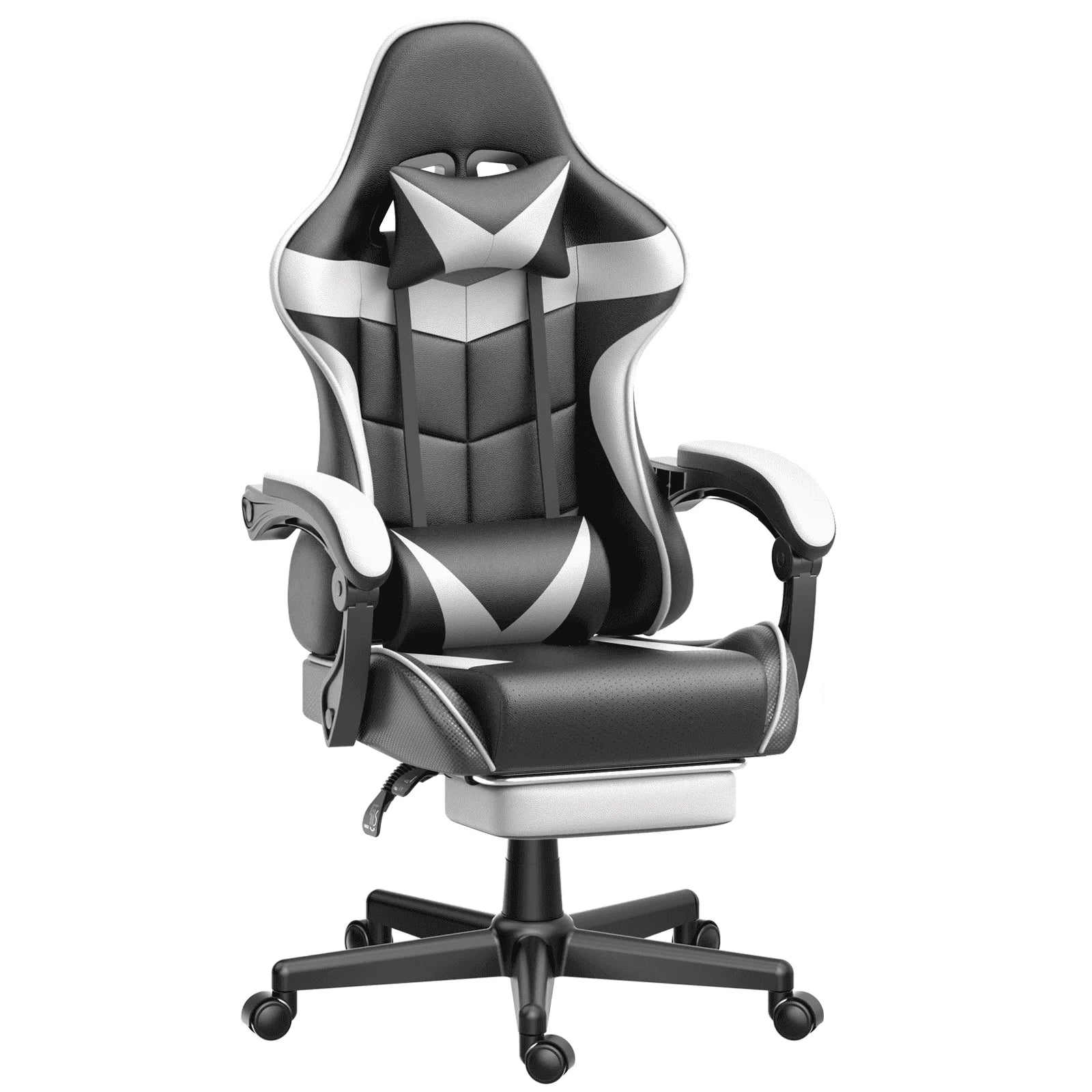 Black and white gaming chair with ergonomic design, adjustable armrests, and lumbar support for comfort during long sessions.