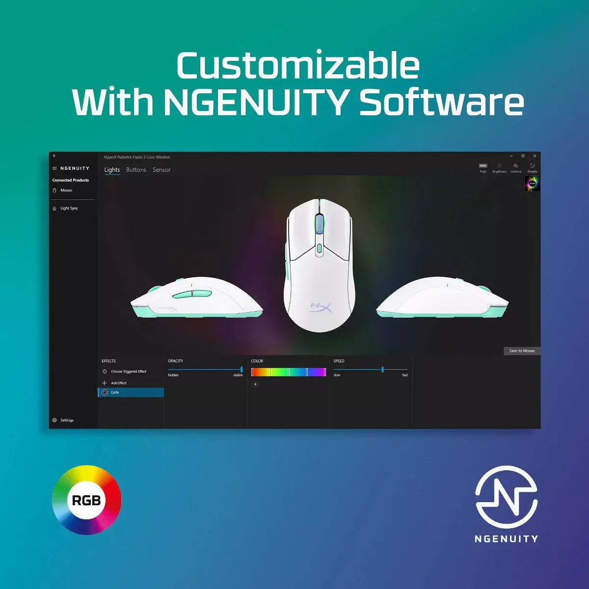 NGenuity software interface customizing white HyperX Pulsefire Haste 2 Core wireless RGB gaming mouse settings