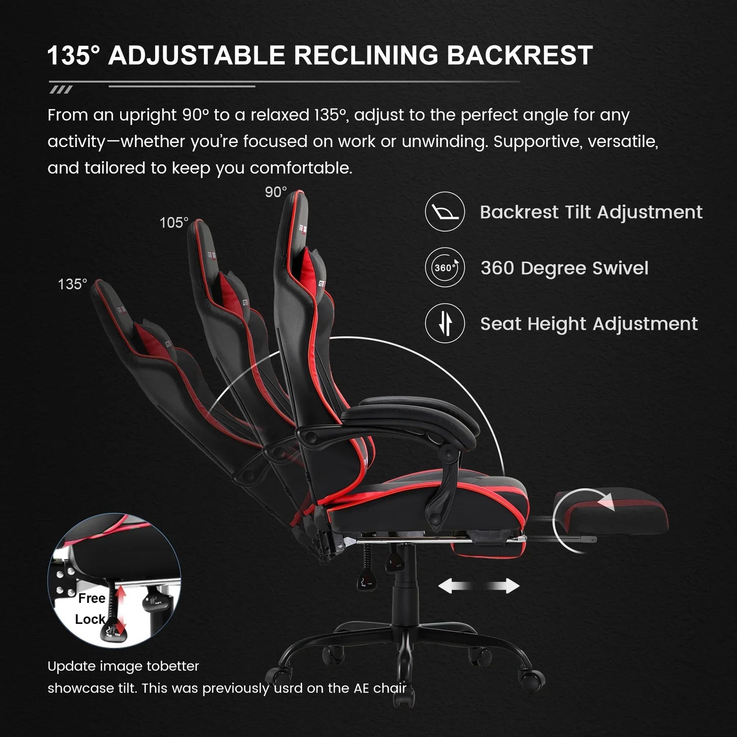 Black and red adjustable gaming chair showing reclining backrest angles and footrest extension features