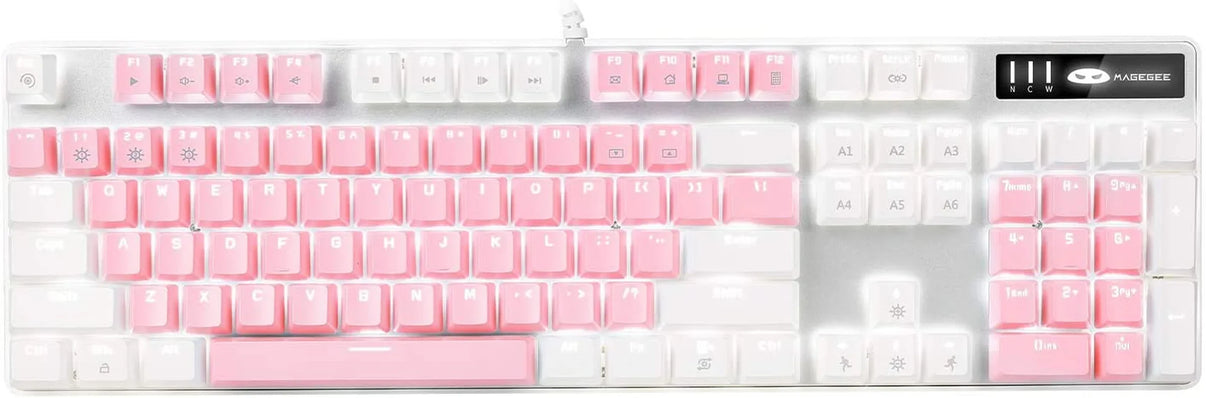 Magegee mechanical keyboard with pink and white keycaps, media controls, and RGB backlighting