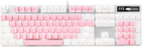 Magegee mechanical keyboard with pink and white keycaps, media controls, and RGB backlighting