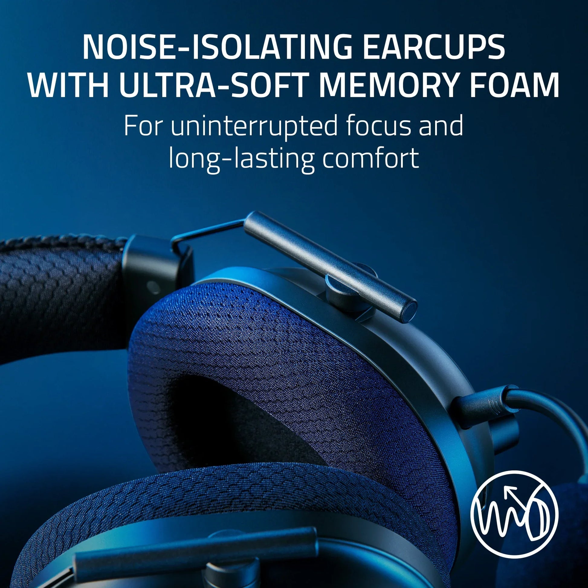 Close-up of noise-isolating headphones with ultra-soft memory foam earcups on blue background