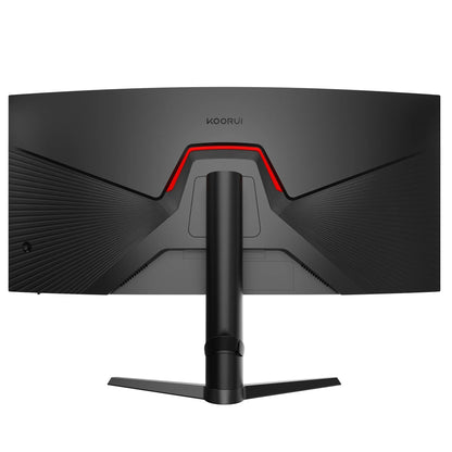 Rear view of a black Koorui curved gaming monitor with textured back and red LED accent