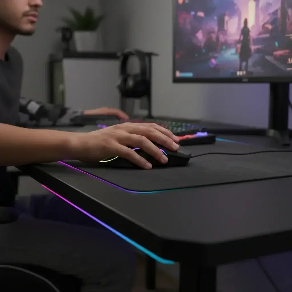 Person playing video game on PC with RGB mechanical keyboard, gaming mouse, and LED desk setup