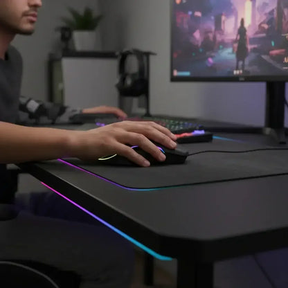 Person playing video game on PC with RGB mechanical keyboard, gaming mouse, and LED desk setup