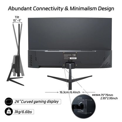 Rear view of 24-inch curved gaming monitor with tilt adjustment, VESA mount 75x75mm, and minimalist black design