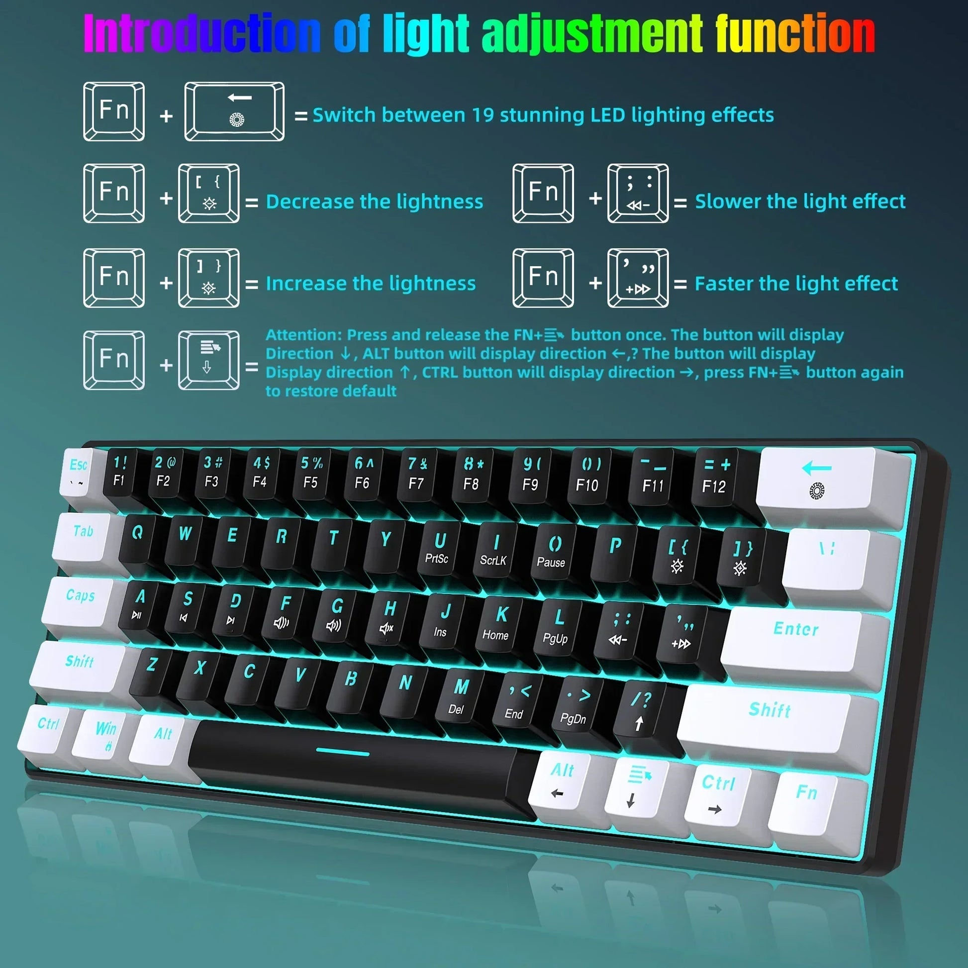 Compact RGB mechanical gaming keyboard with key lighting adjustment instructions, retro 8-bit style.
