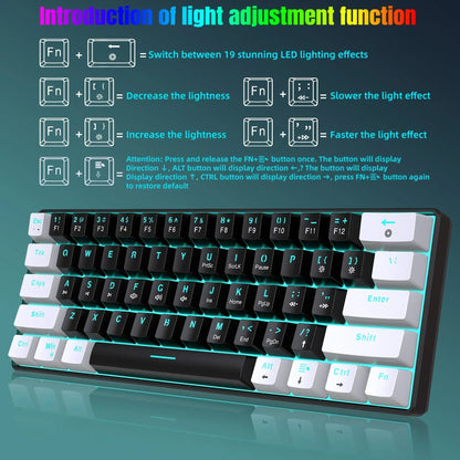 Compact RGB mechanical gaming keyboard with key lighting adjustment instructions, retro 8-bit style.