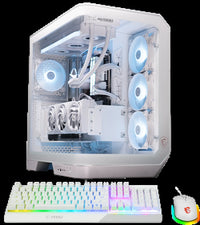 White MSI gaming PC with RGB-lit fans, white RGB mechanical keyboard, and RGB gaming mouse