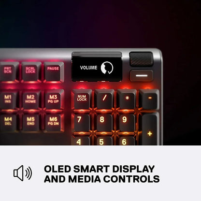 RGB gaming keyboard with OLED smart display and media controls, modern gaming gear
