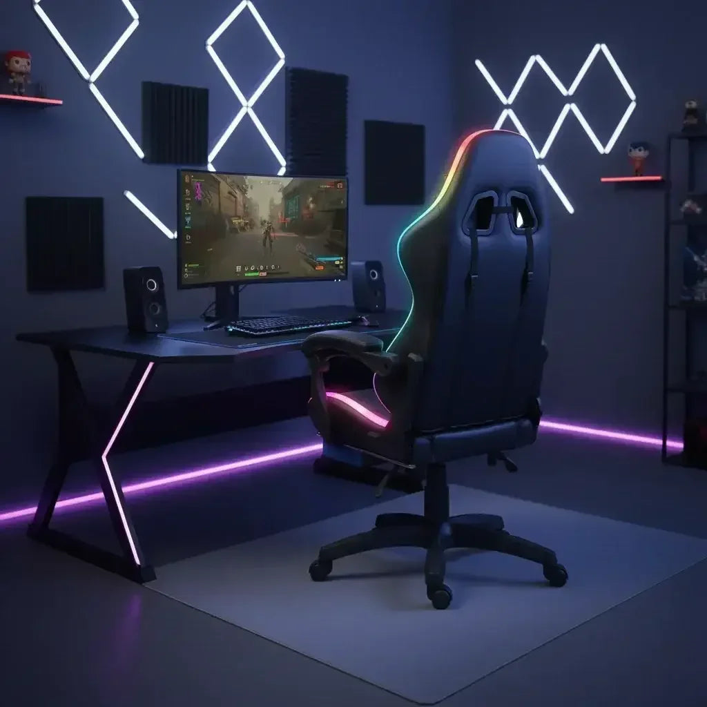 Modern gaming setup with RGB-lit gaming chair, LED desk, monitor showing game, and ambient wall lights