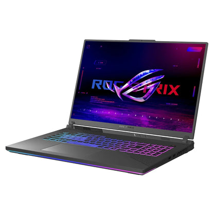 RGB backlit gaming laptop with large screen and ROG Strix logo, futuristic design