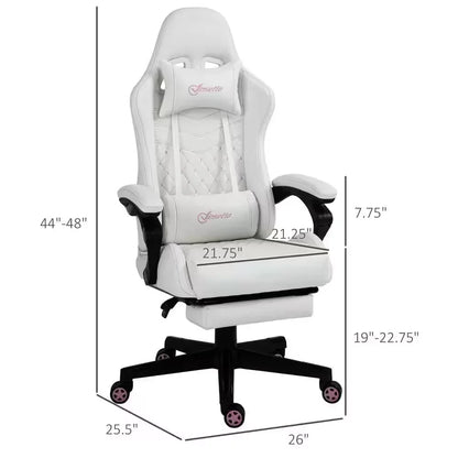 White Viozetta gaming chair with adjustable height and armrests, lumbar and neck pillows, on black base with pink caster wheels