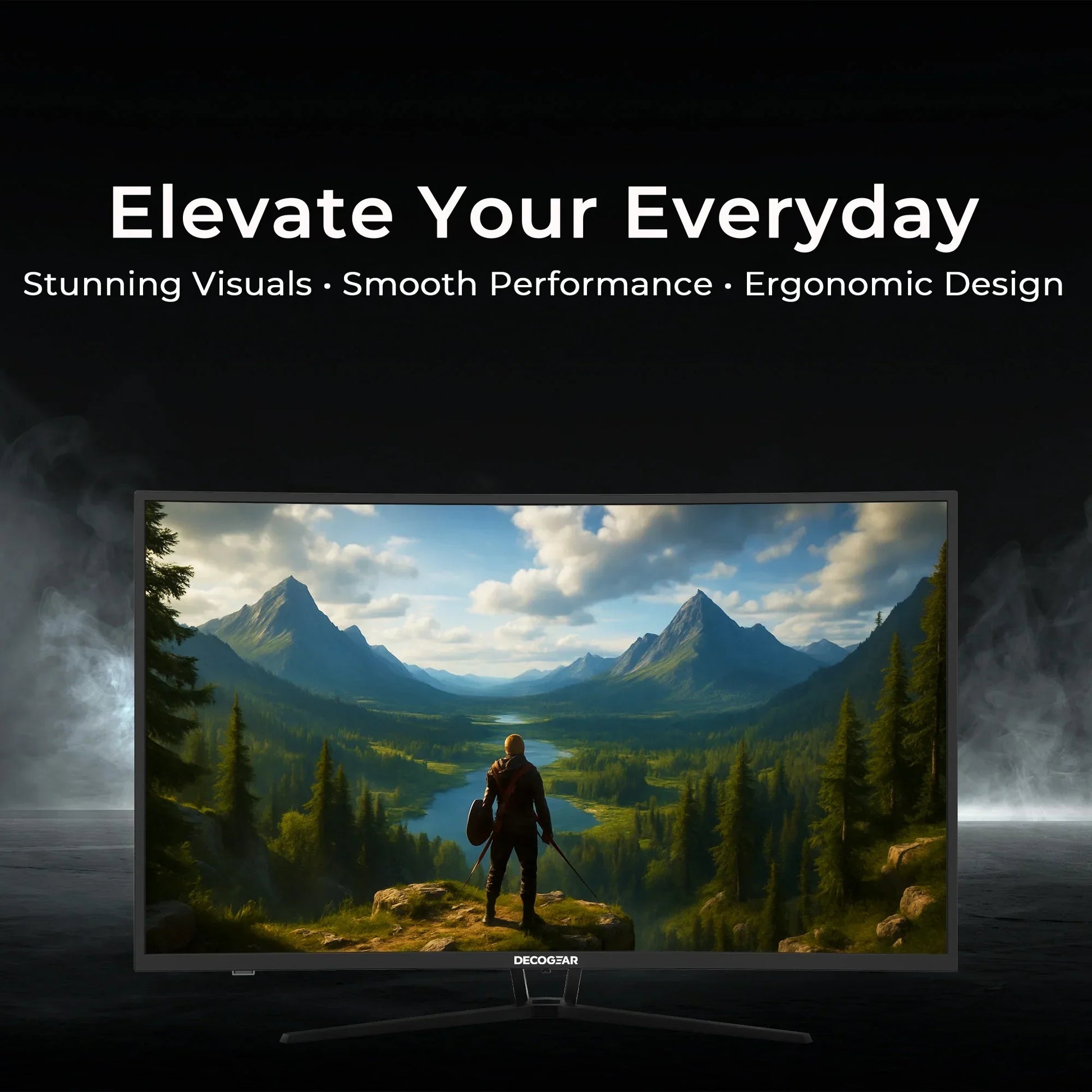 Decogear widescreen monitor displaying vivid mountain landscape with a lone warrior figure, highlighting stunning visuals