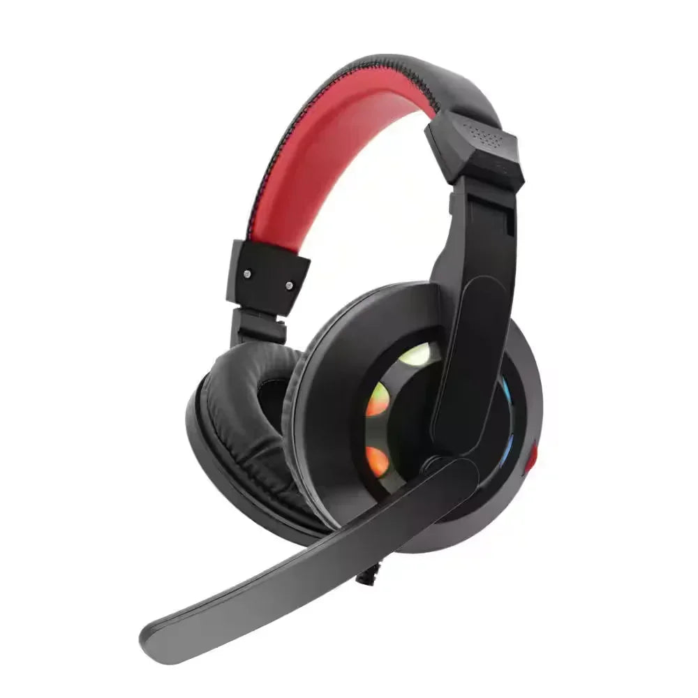 RGB gaming headset with black ear cups, red headband, and attached microphone