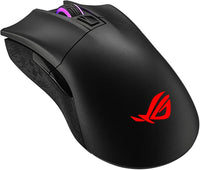 Black wireless gaming mouse with red illuminated ROG logo and purple backlit scroll wheel