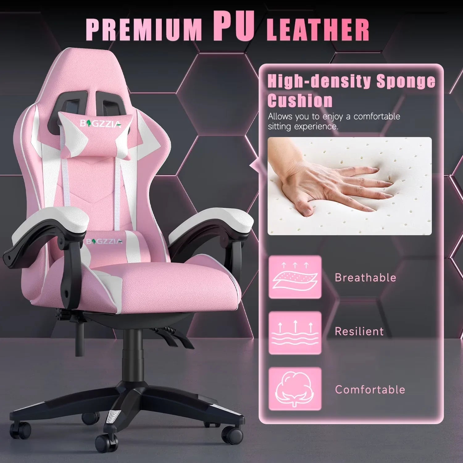 Pink gaming chair with premium PU leather, high-density sponge cushion, breathable and comfortable design
