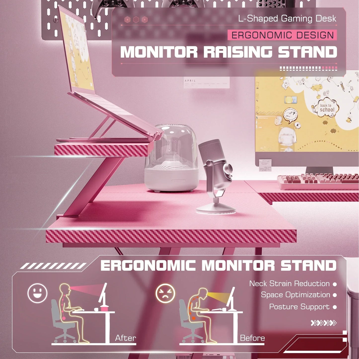 L-Shaped Gaming Desk 51.2 Inches Corner Office Gaming Desk with Removable Monitor Riser, Pink
