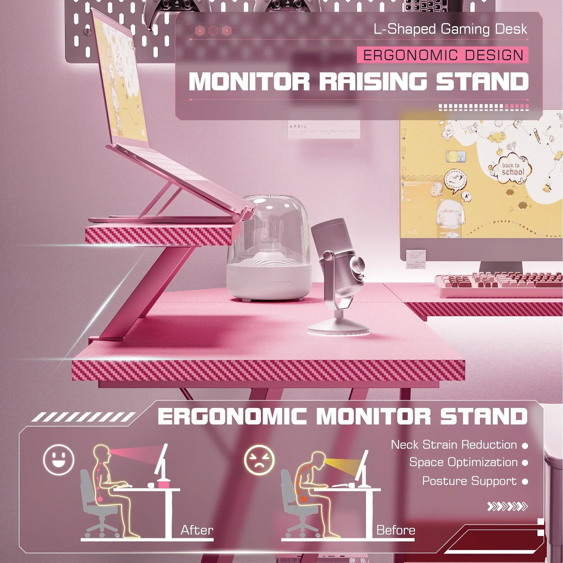 L-Shaped Gaming Desk 51.2 Inches Corner Office Gaming Desk with Removable Monitor Riser, Pink