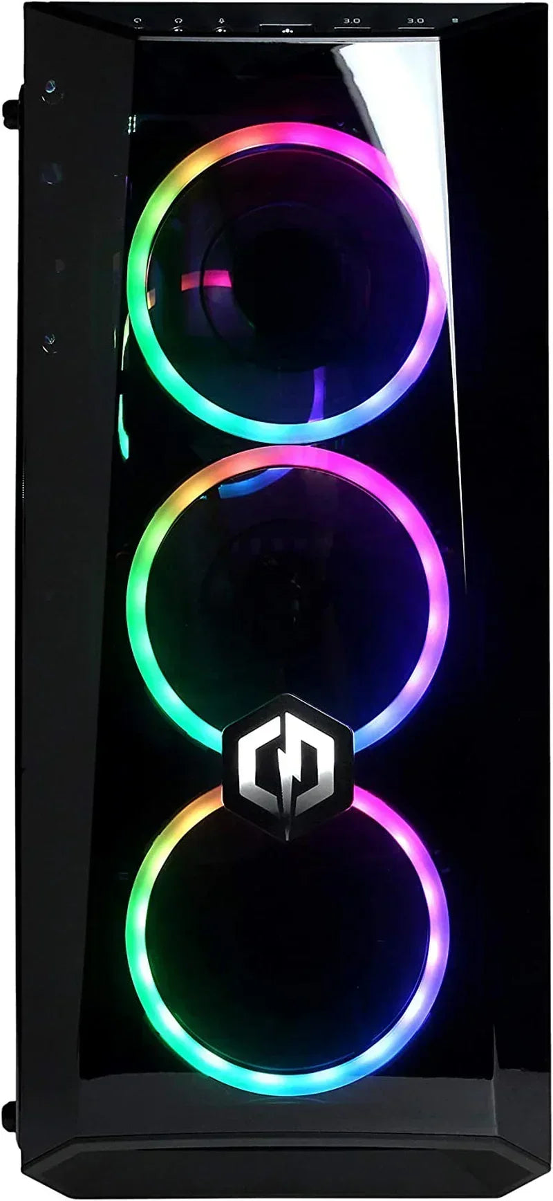 Gaming PC tower with RGB LED fans and a black glass front panel