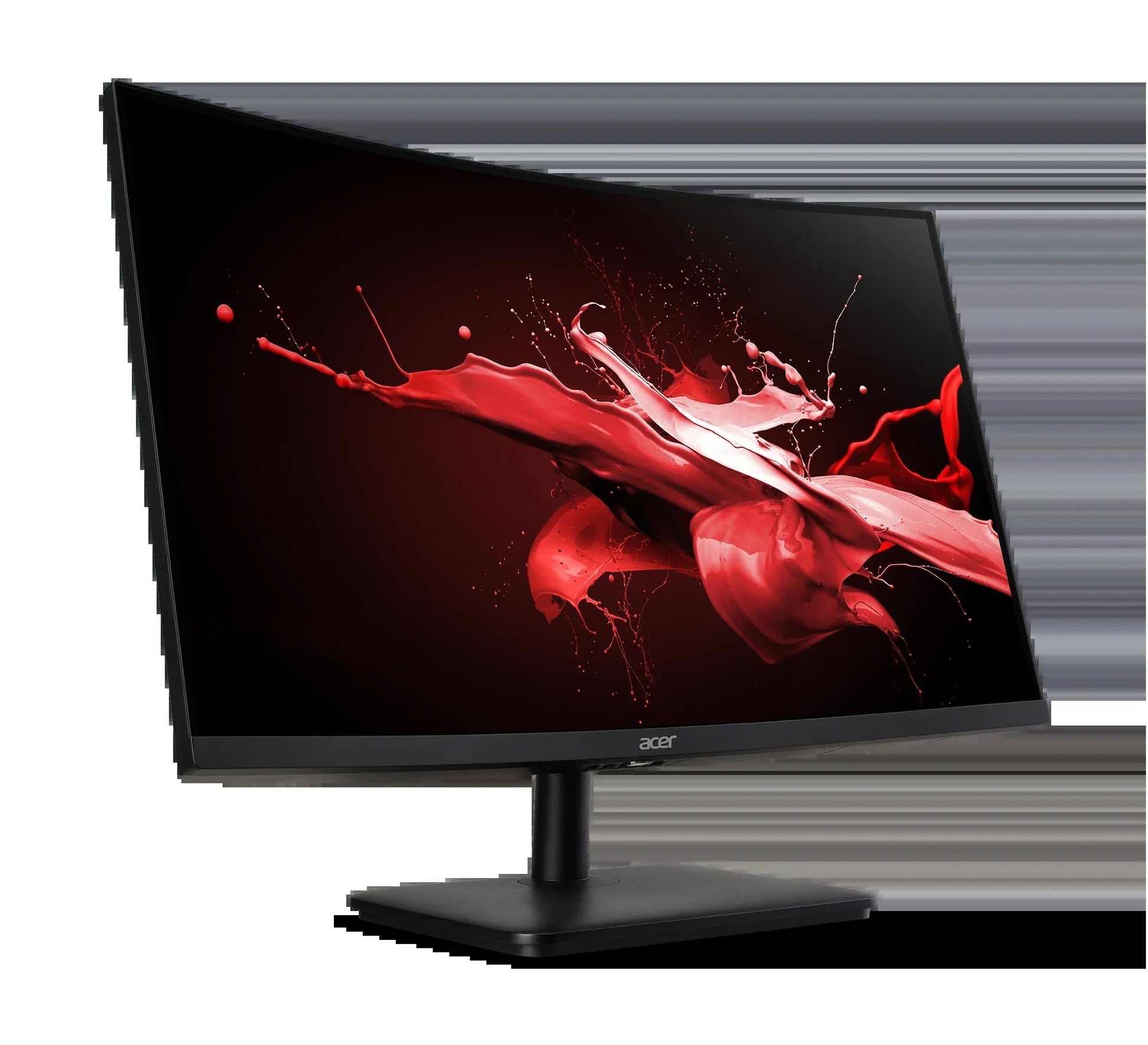Acer curved gaming monitor displaying dynamic red paint splash on black background, sleek black stand
