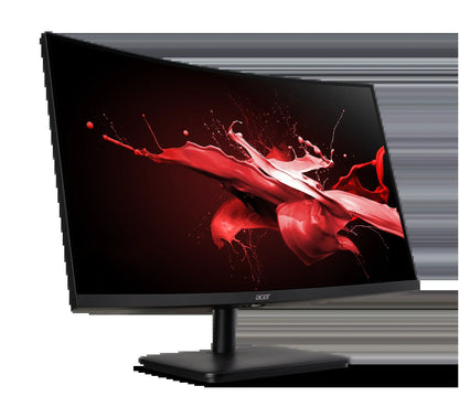 Acer curved gaming monitor displaying dynamic red paint splash on black background, sleek black stand