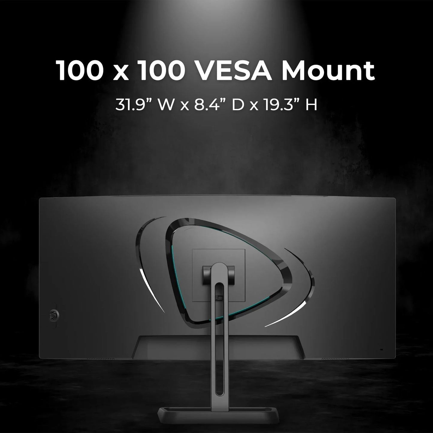 Rear view of ultrawide curved monitor with 100 x 100 VESA mount and dimensions text