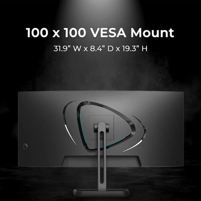 Rear view of ultrawide curved monitor with 100 x 100 VESA mount and dimensions text