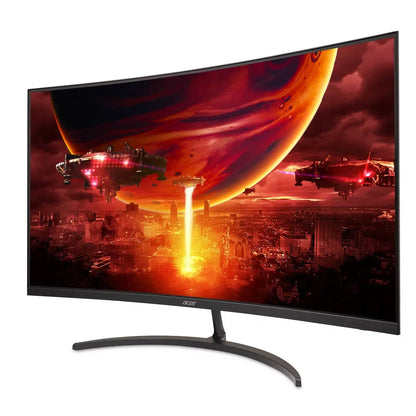 Curved Acer monitor displaying vibrant space battle scene with large planet and futuristic ships