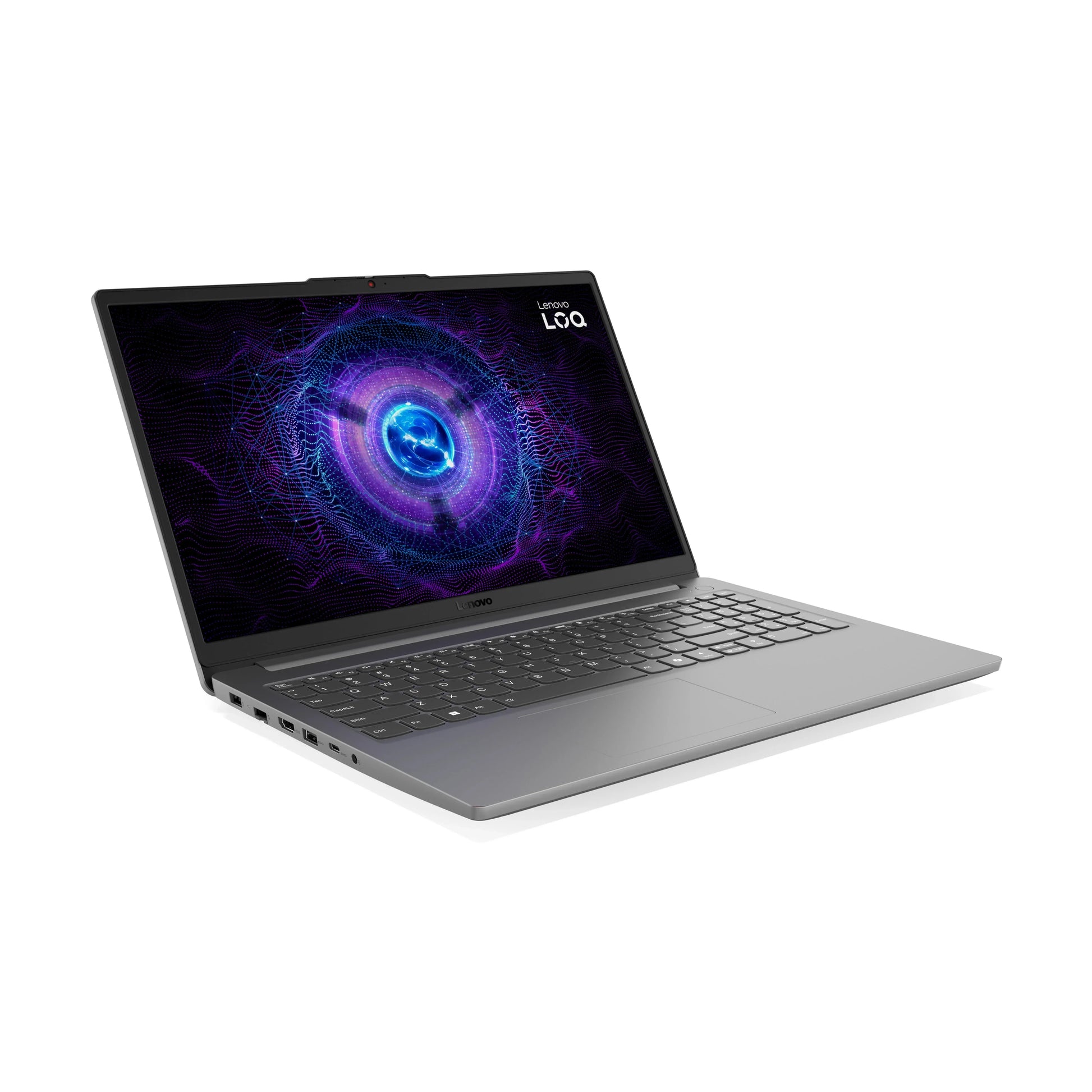 Lenovo LOQ silver gaming laptop with illuminated screen and full keyboard, angled view