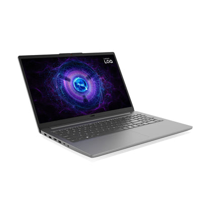 Lenovo LOQ silver gaming laptop with illuminated screen and full keyboard, angled view