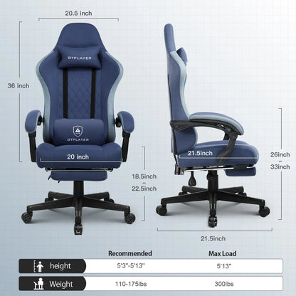Blue GTPLAYER ergonomic gaming chair with lumbar and neck support, adjustable height and footrest