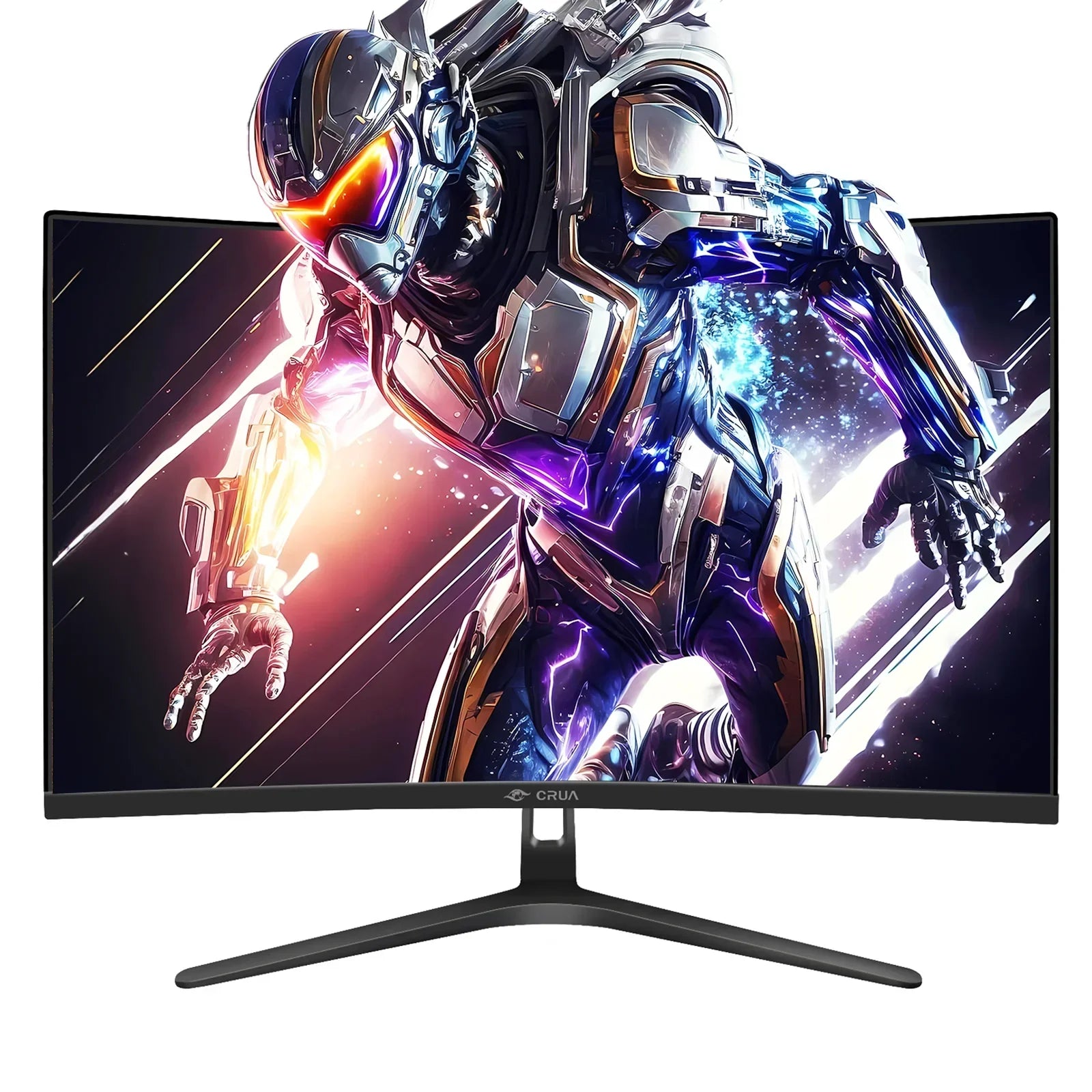 Curved gaming monitor displaying futuristic armored robot with glowing visor and neon effects