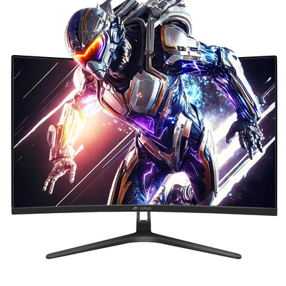 Curved gaming monitor displaying futuristic armored robot with glowing visor and neon effects