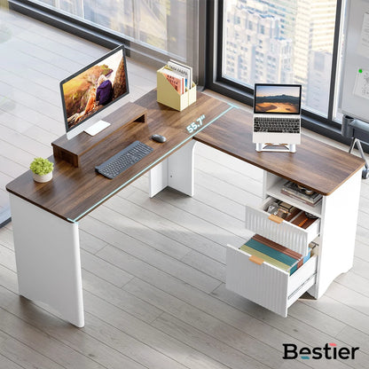 L Shaped Desk with Drawers, 55.7" X 55" Office Computer Desk with round Corners, Monitor Stand & Fluted Panels, White & Walnut