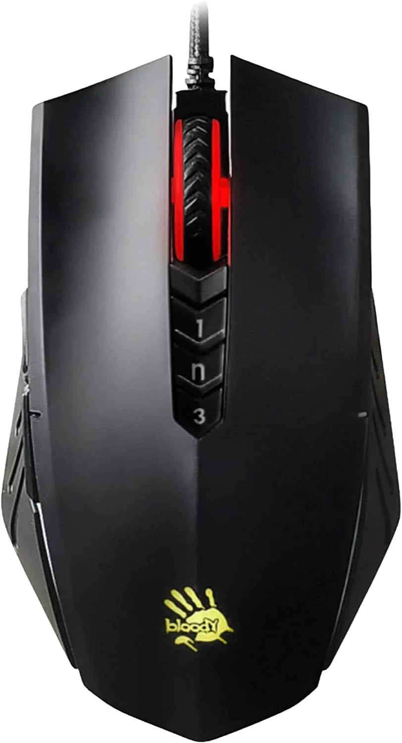 Black Bloody gaming mouse with red scroll wheel lighting and three button DPI switch