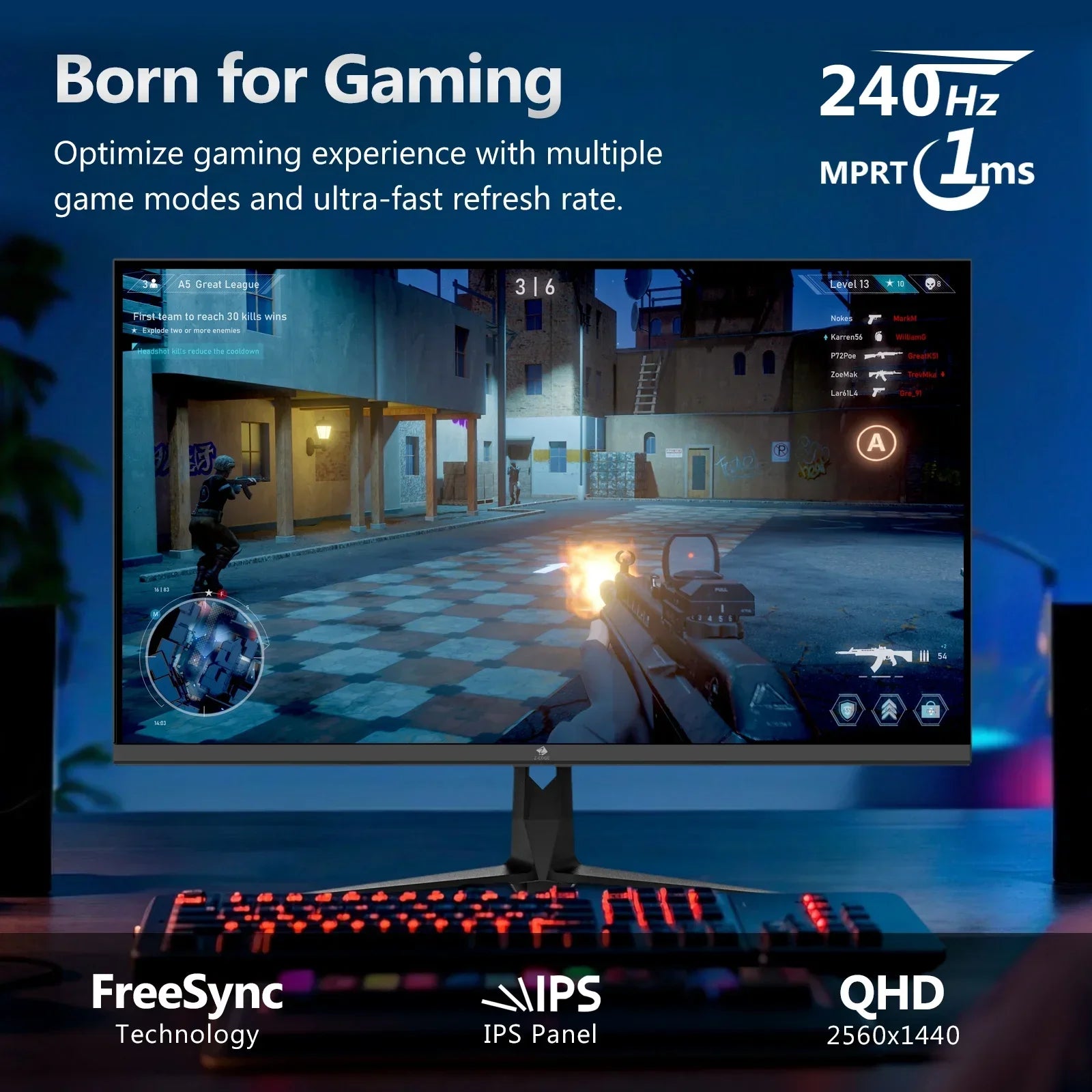 Gaming monitor showing first-person shooter game with 240Hz refresh rate, FreeSync, IPS panel, QHD 2560x1440