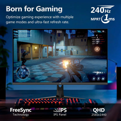 Gaming monitor showing first-person shooter game with 240Hz refresh rate, FreeSync, IPS panel, QHD 2560x1440